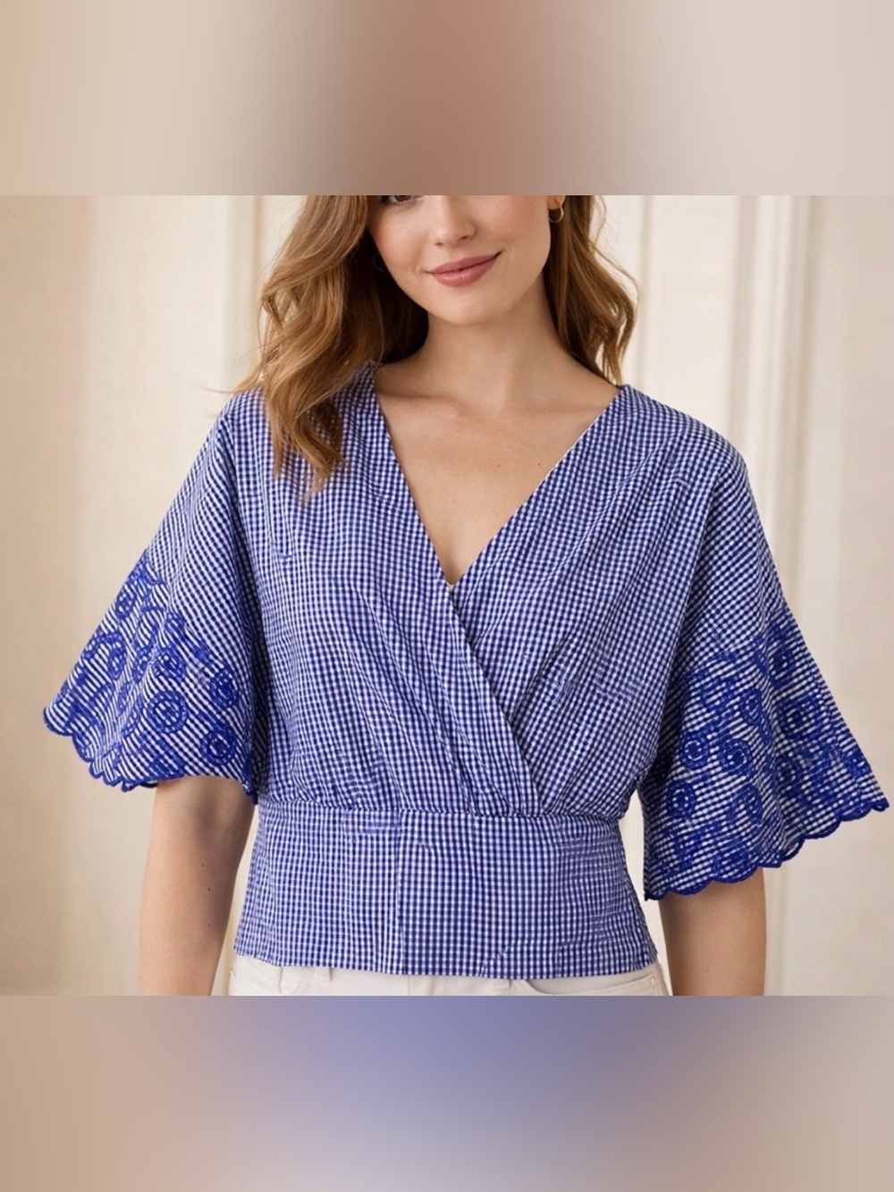 Grifflin Paris Navy Blue Gingham Check Faux Wrap Cropped Top L